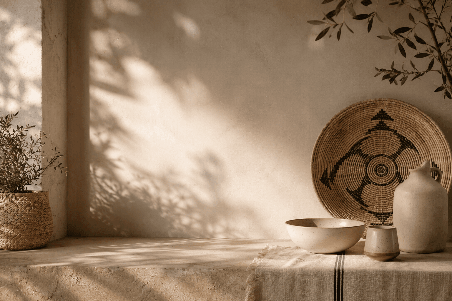 Ceramiche, cesto intrecciato e ramo d'ulivo su una mensola in pietra, luce calda su parete in calce