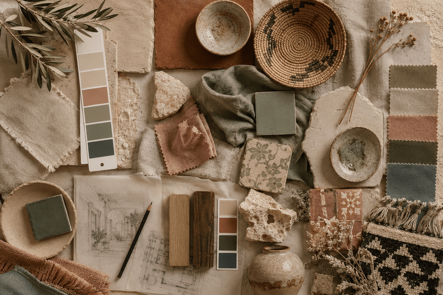 Moodboard di materiali, tessuti, campioni colore e schizzi di progettazione per un ambiente mediterraneo
