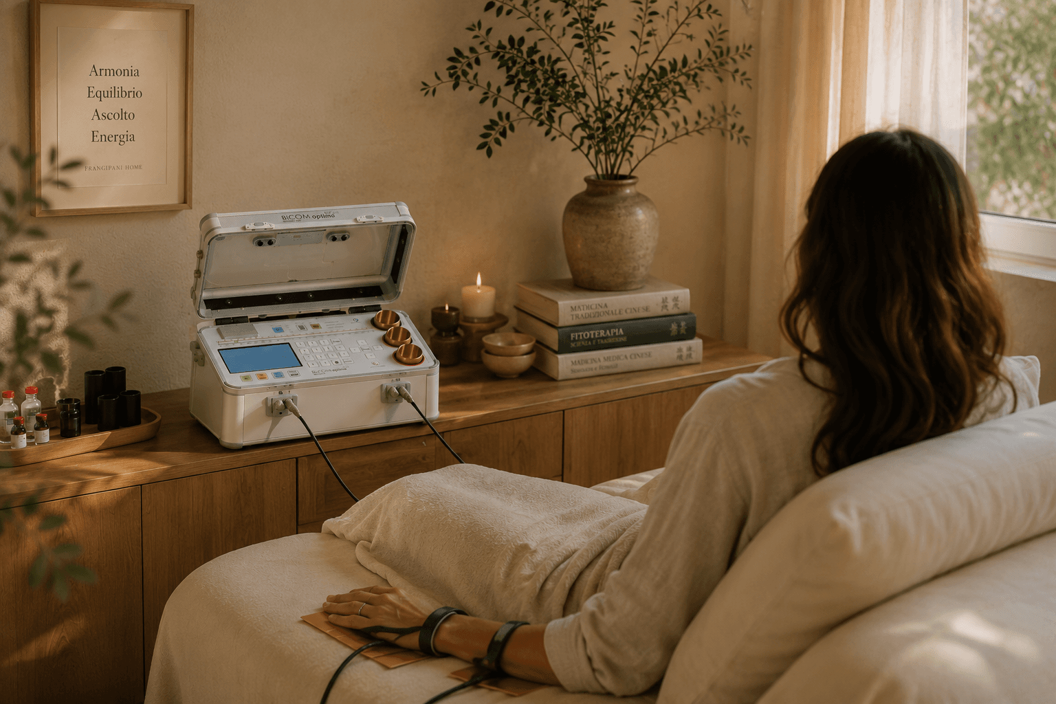 Dispositivo BICOM® Optima durante una seduta di biorisonanza
