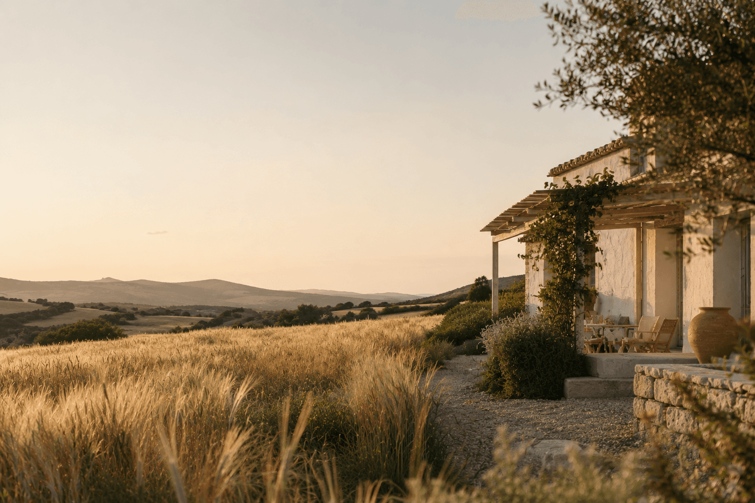 Campo di grano dorato al tramonto con casale mediterraneo tra gli ulivi