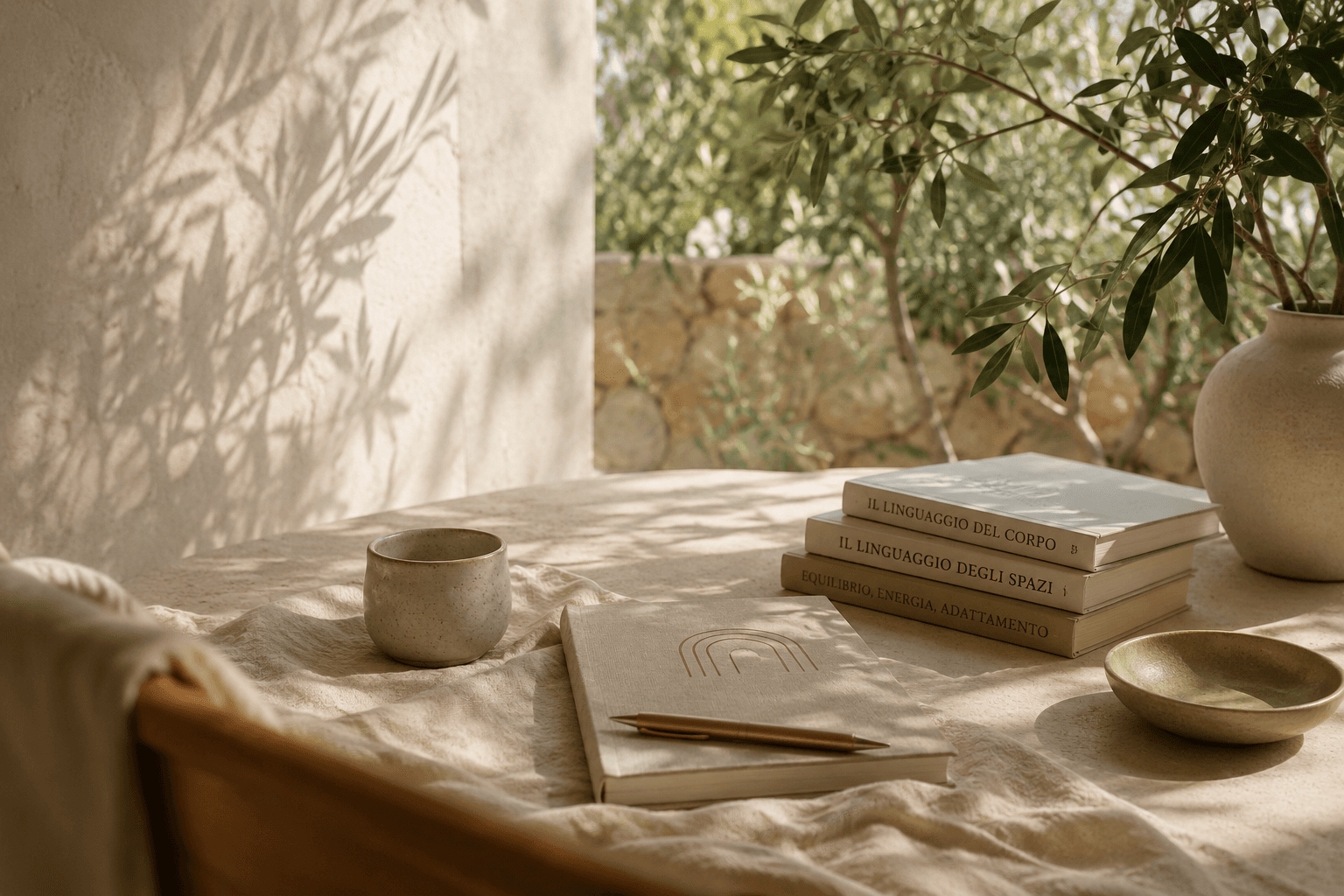 Libri sul linguaggio del corpo e degli spazi, luce mediterranea su un tavolo di lino