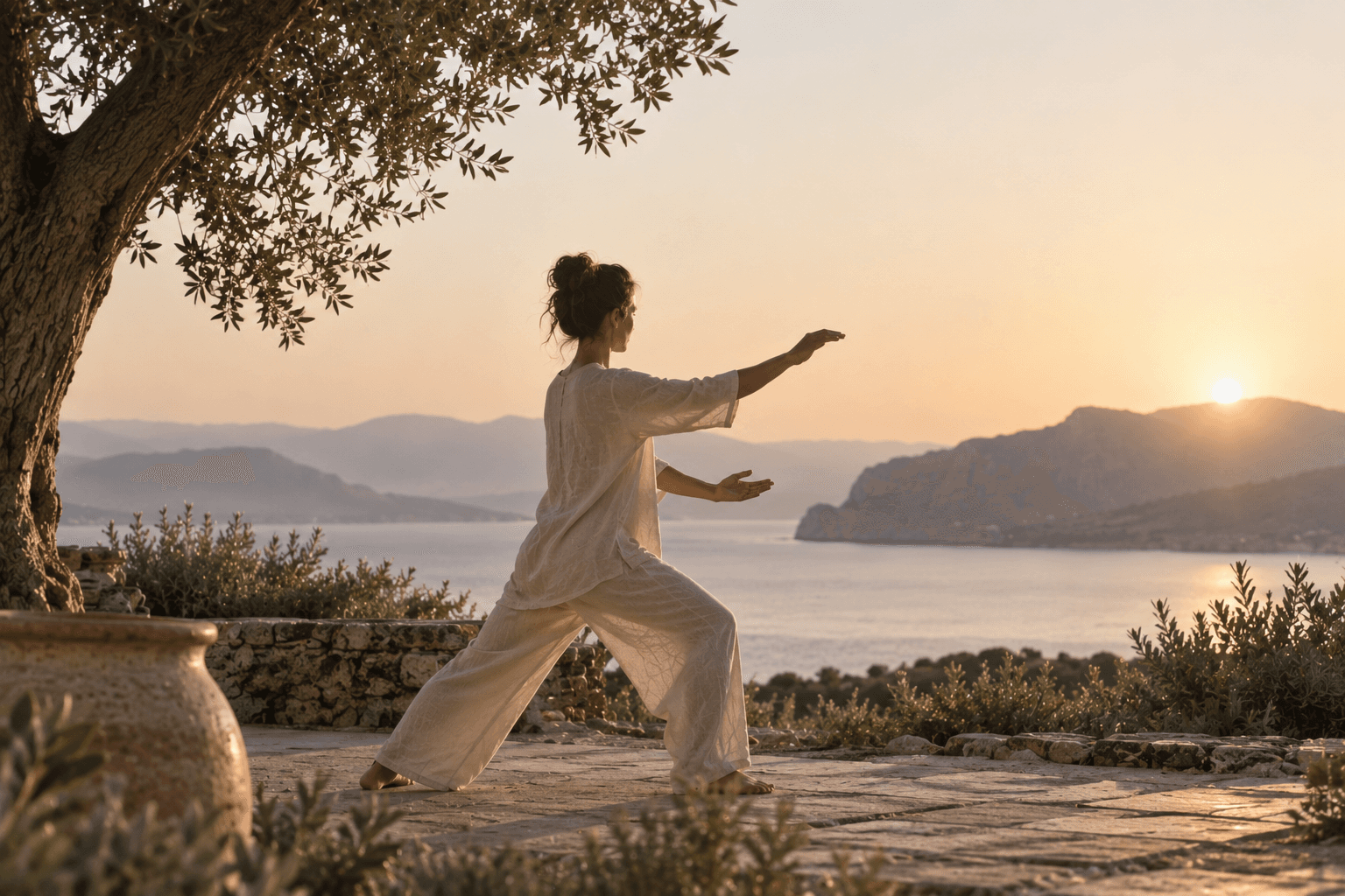 Donna che pratica tai chi al tramonto, vista sul mare