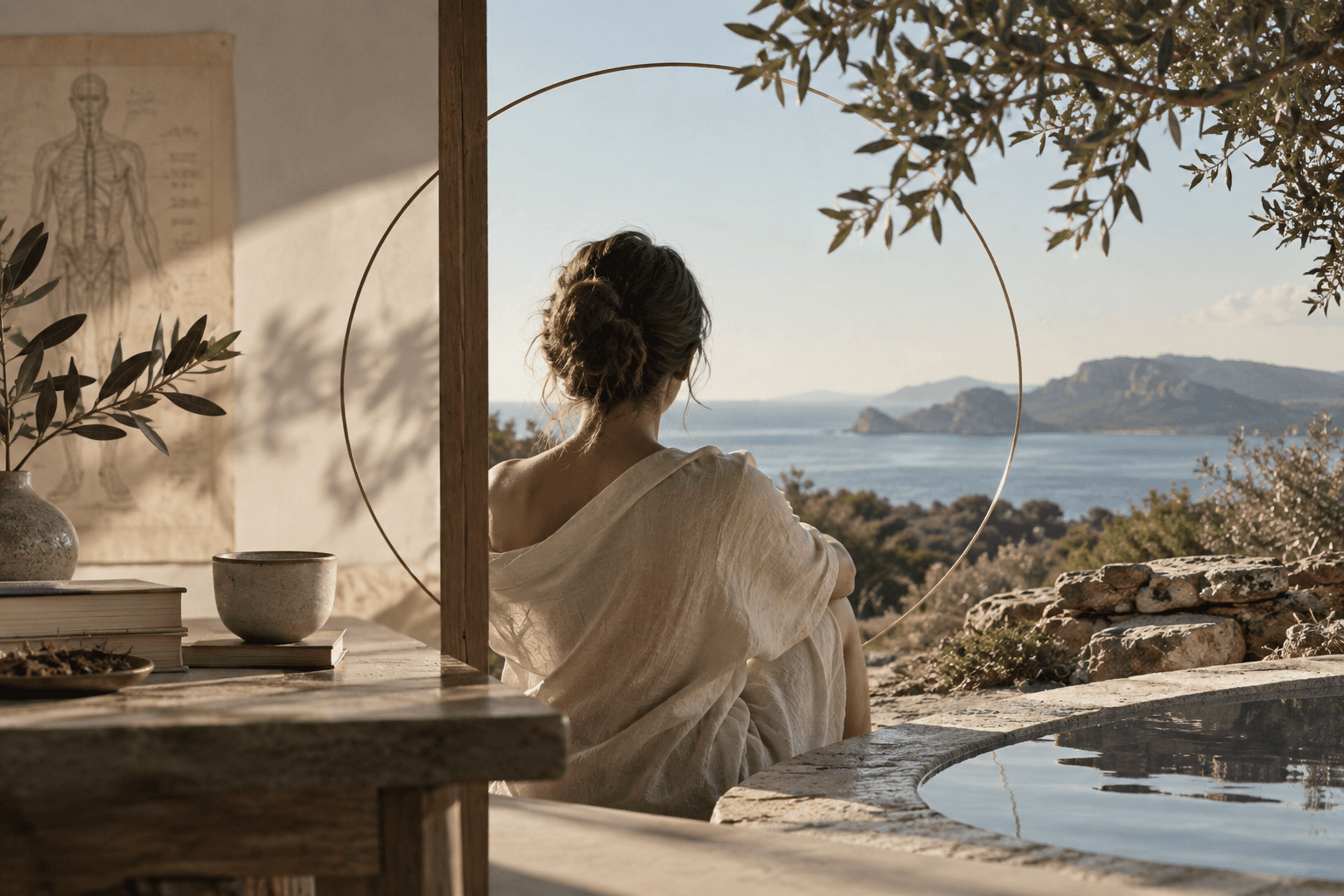 Donna seduta in terrazza con vista sul mare