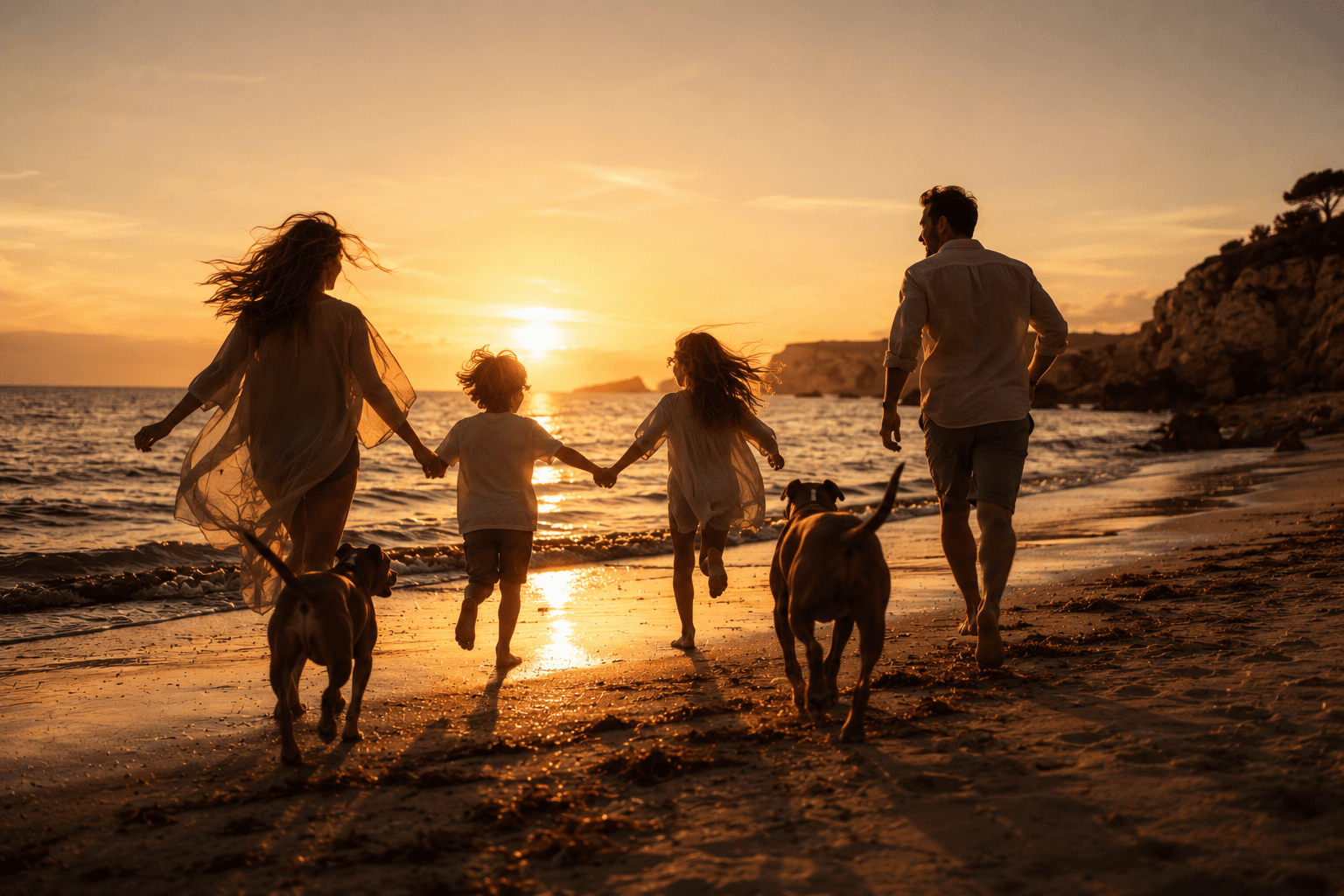 Famiglia con due cani che corre sulla spiaggia al tramonto