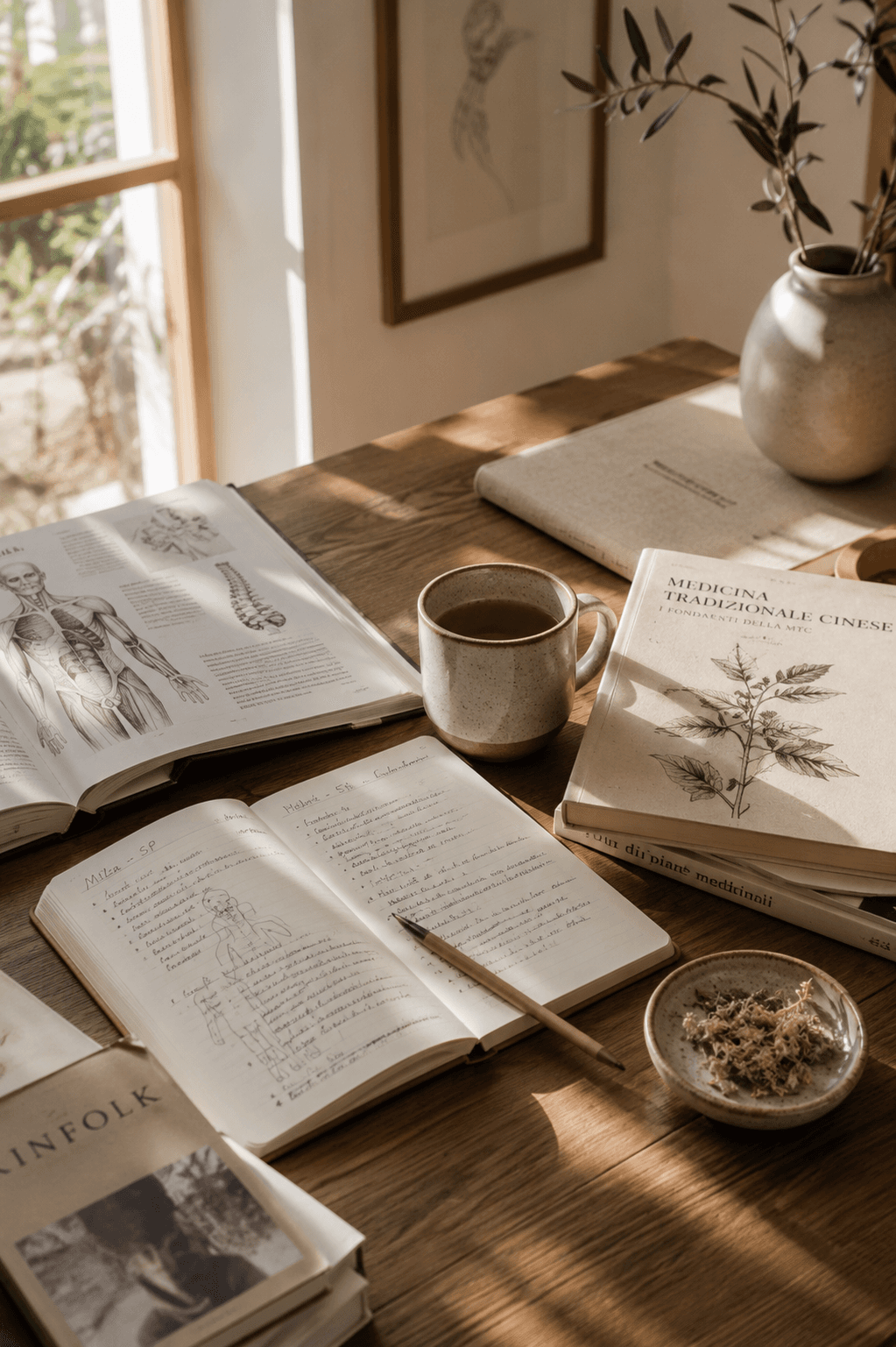 Libri di Medicina Tradizionale Cinese e appunti — studio e ricerca nei percorsi Frangipani Home