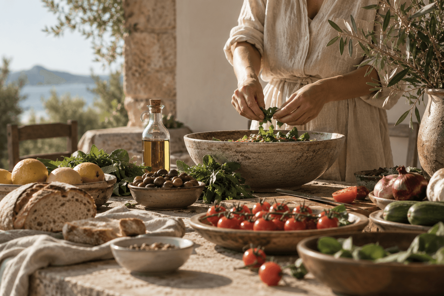 Preparazione di un'insalata mediterranea con vista sul mare