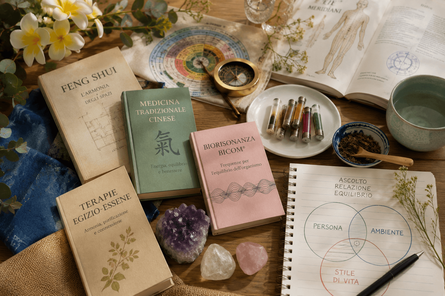 Libri di Feng Shui, Medicina Tradizionale Cinese, Biorisonanza BICOM® e Terapie Egizio-Essene, cristalli e taccuino con schema Persona-Ambiente-Stile di Vita