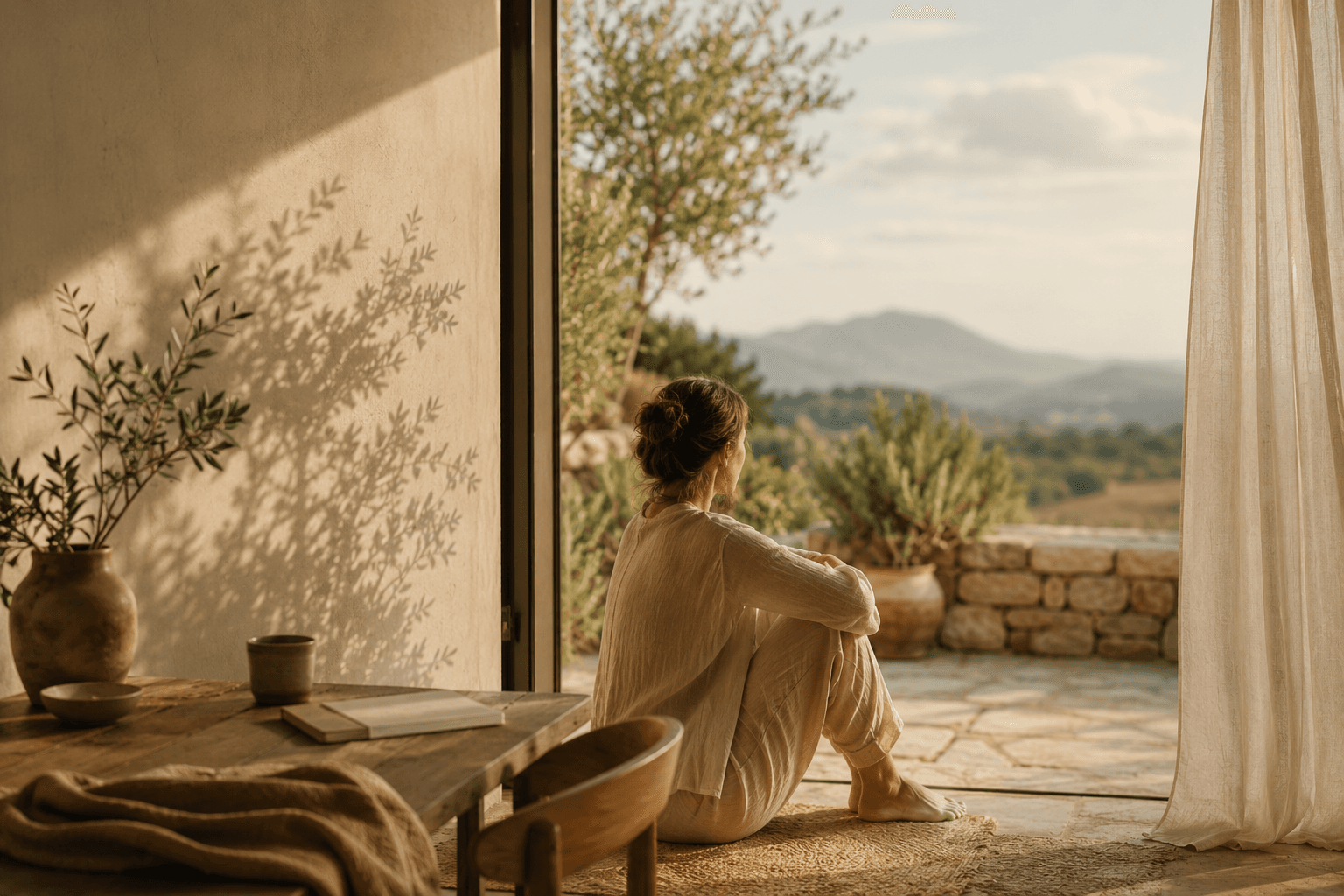 Donna seduta su una terrazza mediterranea, avvolta dalla luce del mattino, mentre osserva in silenzio le colline della Sardegna