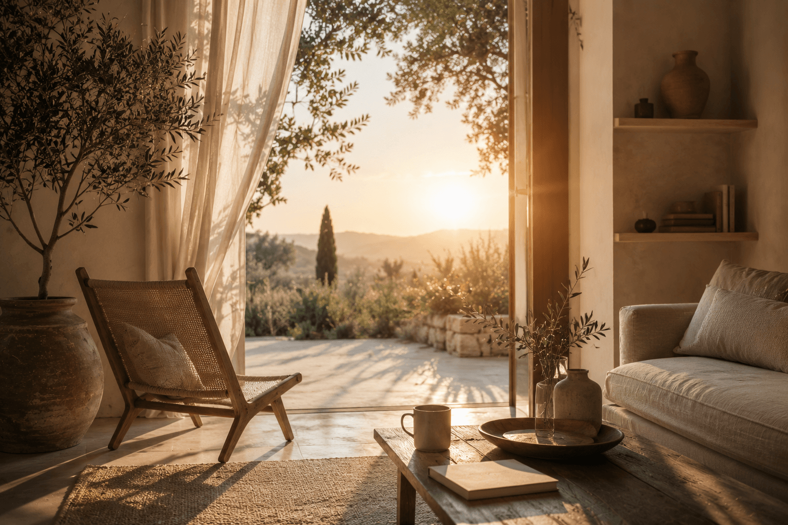 Salotto mediterraneo con luce del tramonto, ulivo e vista sulle colline
