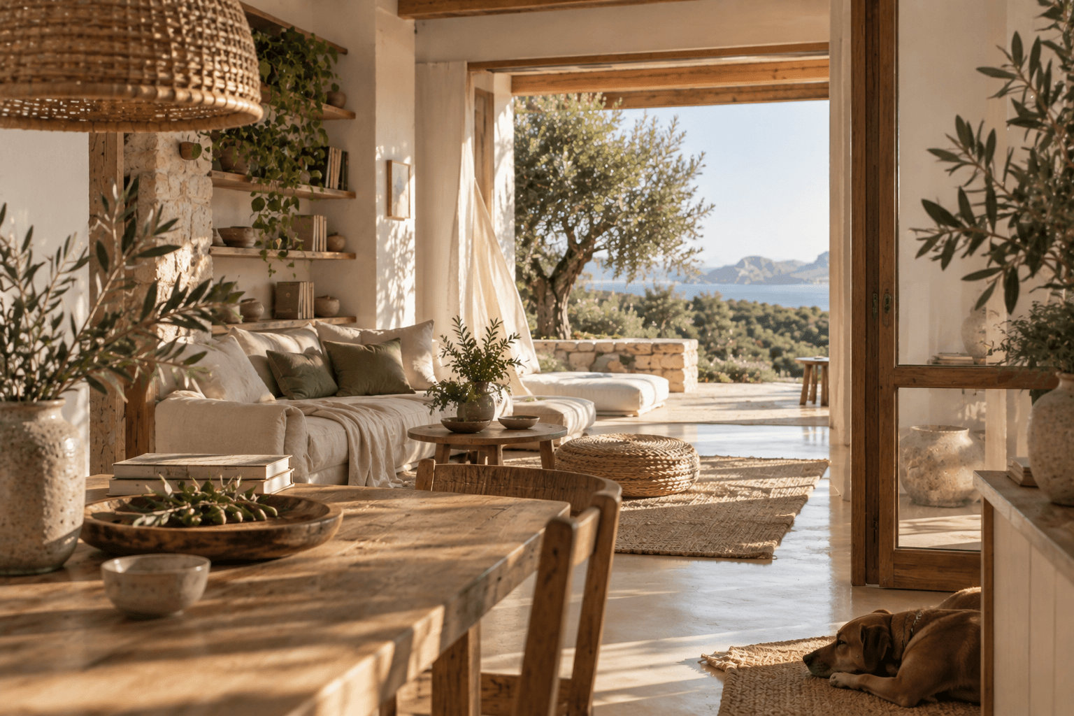 Salotto mediterraneo con vista sul mare e un cane