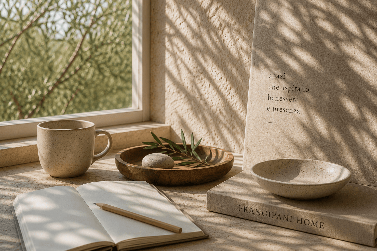Taccuino, tazza e ramo d'ulivo su un davanzale illuminato dal sole, con il libro Frangipani Home