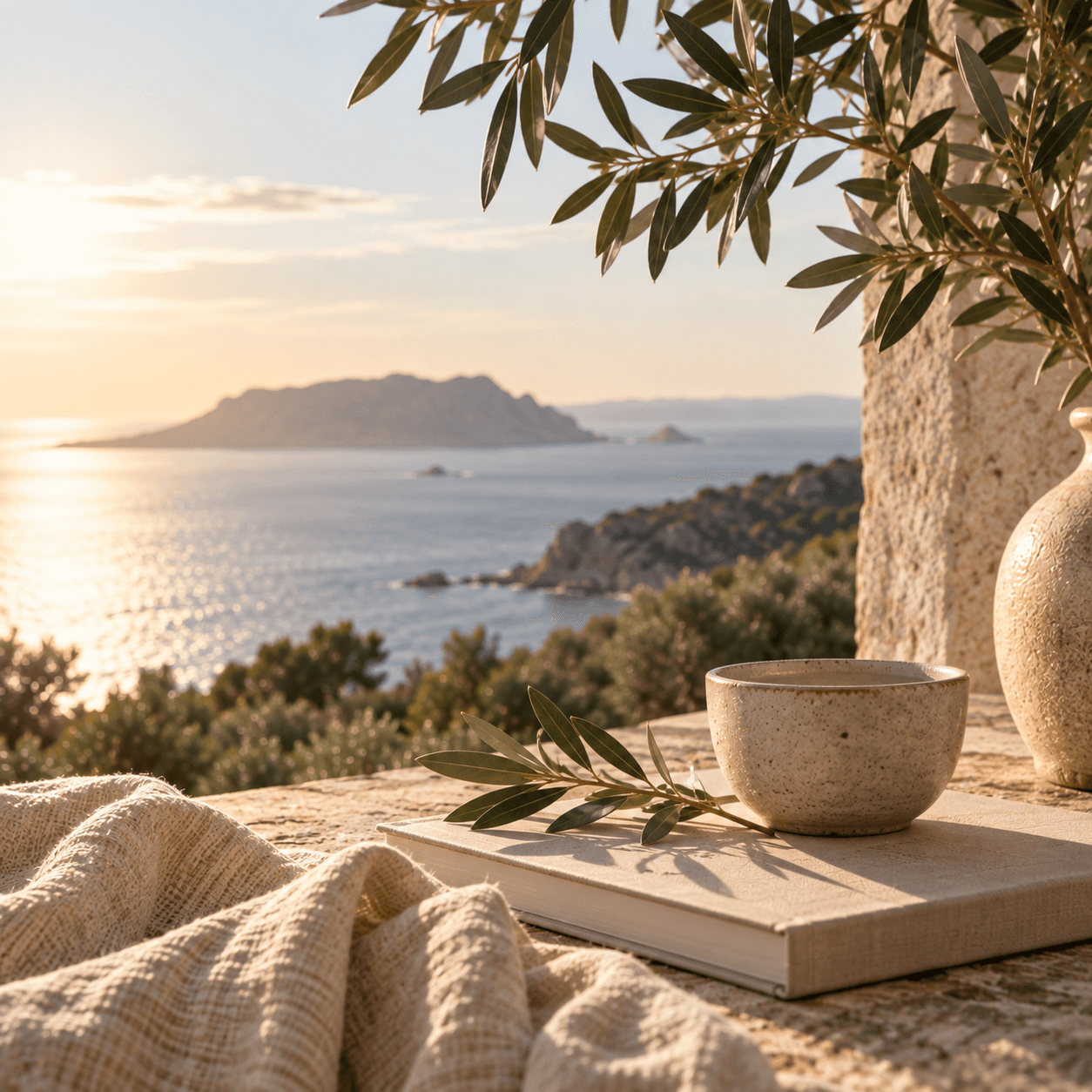 Taccuino, tazza di ceramica e ramo d'ulivo su una terrazza affacciata sul mare al tramonto