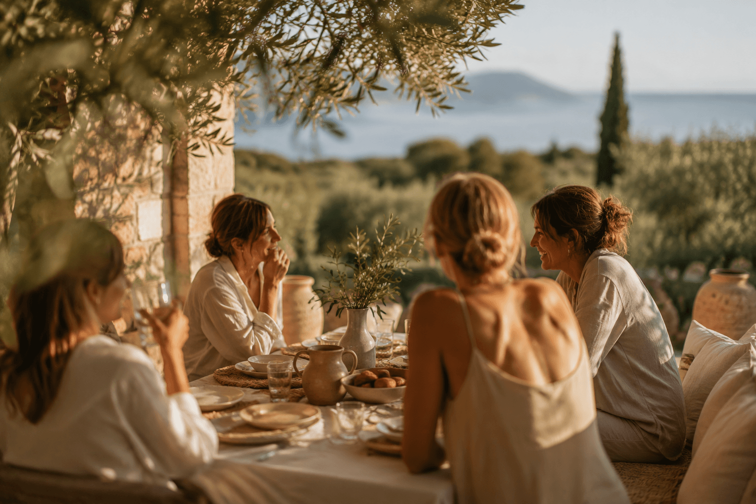 Un gruppo di amiche condivide un pranzo all’aperto sotto gli ulivi, con vista sul mare