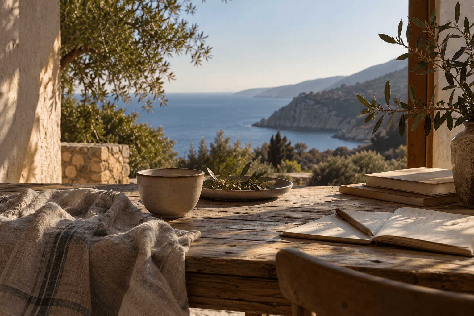 Taccuino aperto con penna, libri e una ciotola con un ramo d'ulivo su un tavolo di legno in terrazza, con vista sul mare e sulla costa
